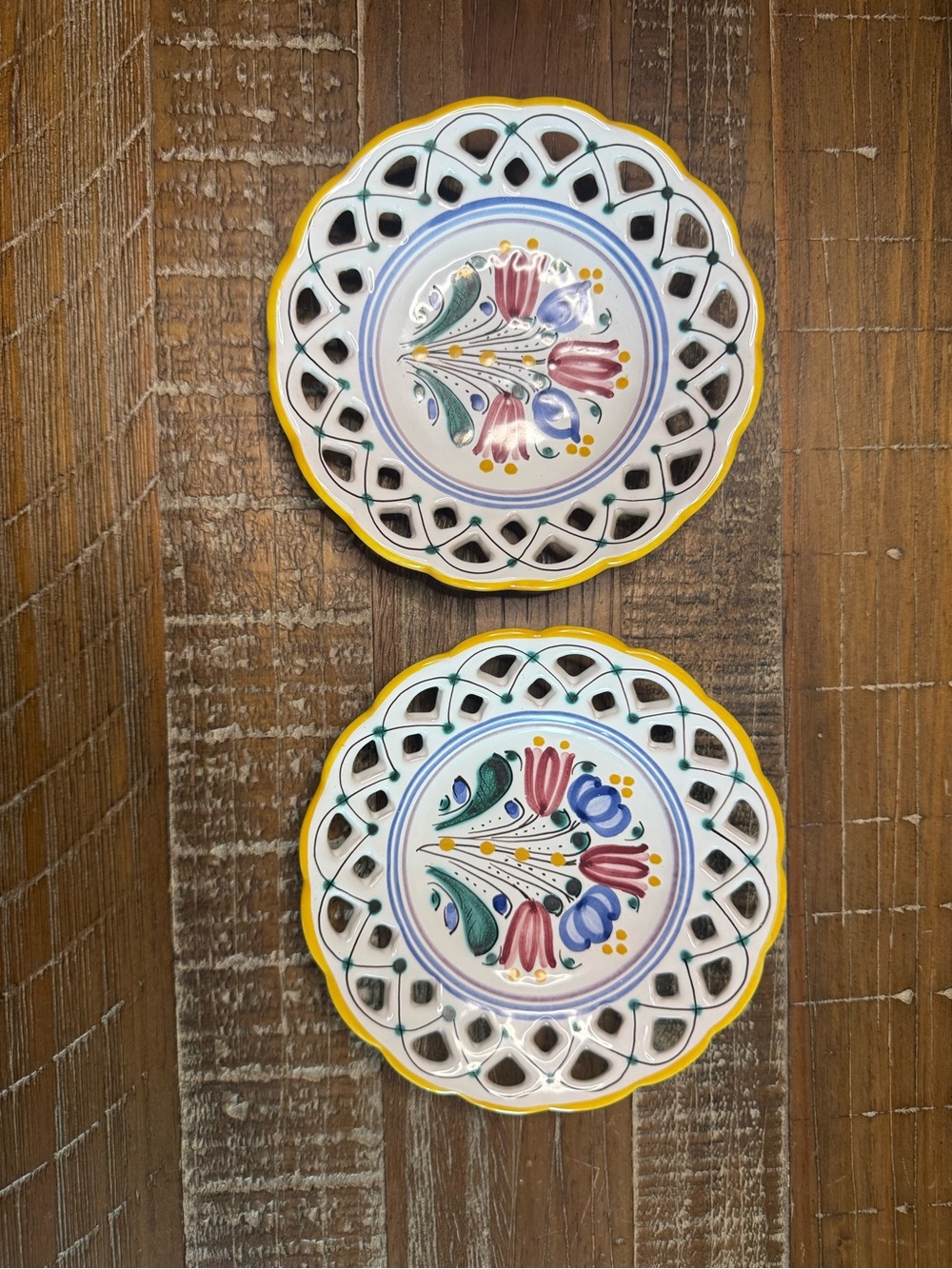 VTG Slovenská Majolika Modra Pierced Lattice Flower Plates Set Hand Painted
